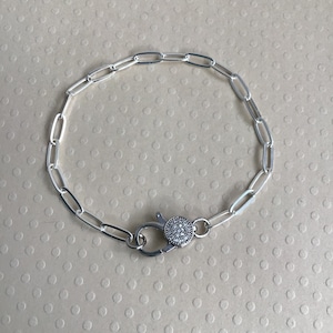 STERLING SILVER BRACELET, Sterling Silver Paperclip, Dainty Paperclip Chain, Paperclip Chain Bracelet, Cubic Zirconia Clasp