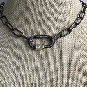 PAPERCLIP CHAIN NECKLACE, Paperclip Choker, Paperclip Chain, Cubic Zirconia Clasp, Gunmetal Paperclip Chain, Gunmetal Chain