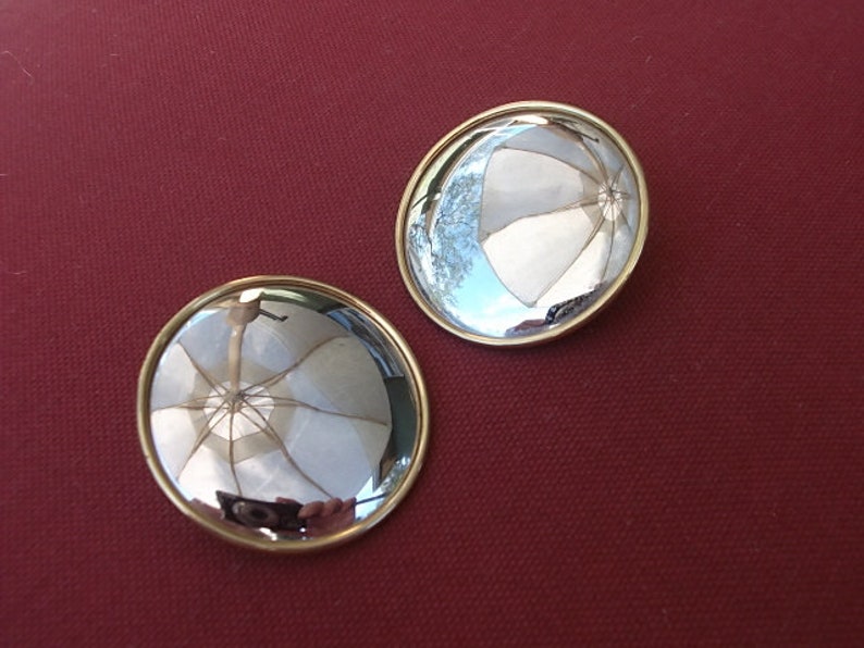 Large Round Monet Silver and gold Tone Earrings image 1