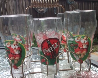 Coca-Cola Vintage Christmas 1996 Lot of Six Holiday Glasses with Carrying Caddy