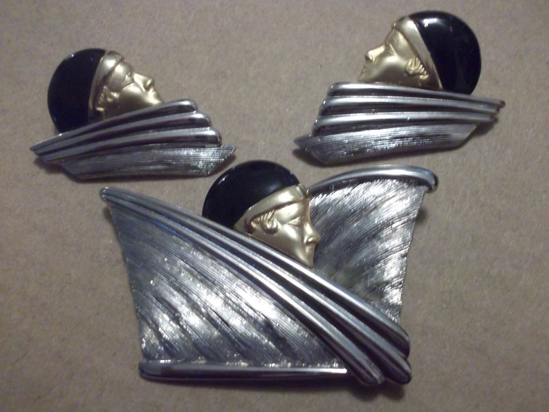 Art Deco Style Flapper Girl Earring and Pin Silver and Gold shops Set