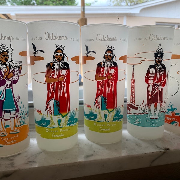 Oklahoma Indians Set of Five Tall Frosted Drinking Glasses Signed and Graphics of Each Tribe
