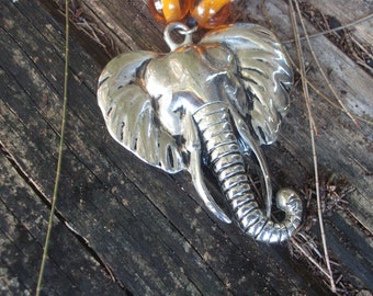 Elephant Silver Toned Necklace with Beads and Long Cord