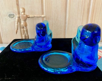 Vintage Large 1994 Terra Studios Leo Ward Bluebird of Happiness Candle Holders, Cobalt Blue Art Glass, Animal Paperweight Figurines