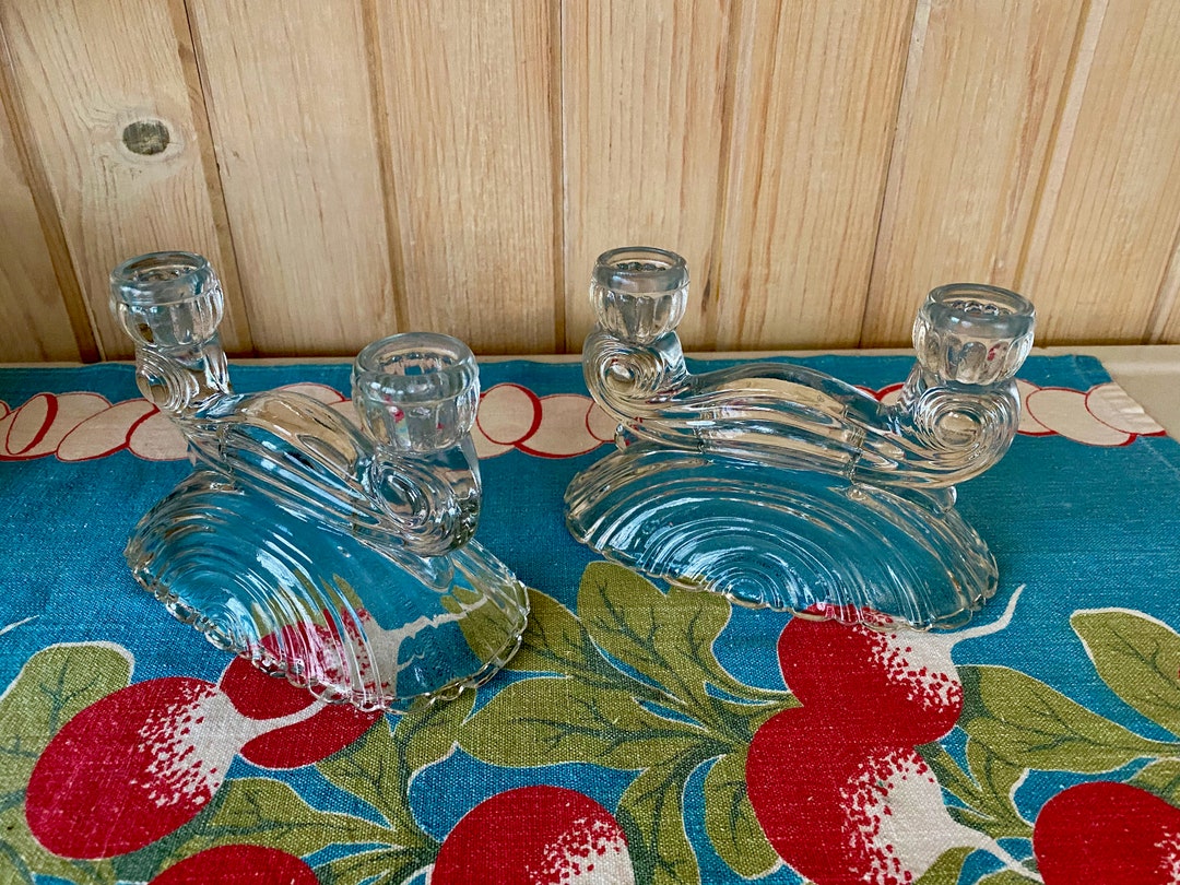 Vintage Clear Glass Candelabras, Vintage Pressed Glass Double