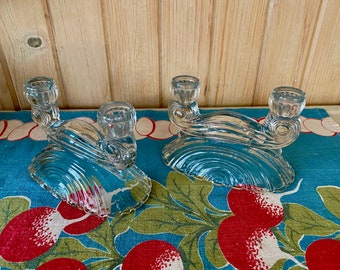 Vintage Art Deco Clear Glass Double Candelabra