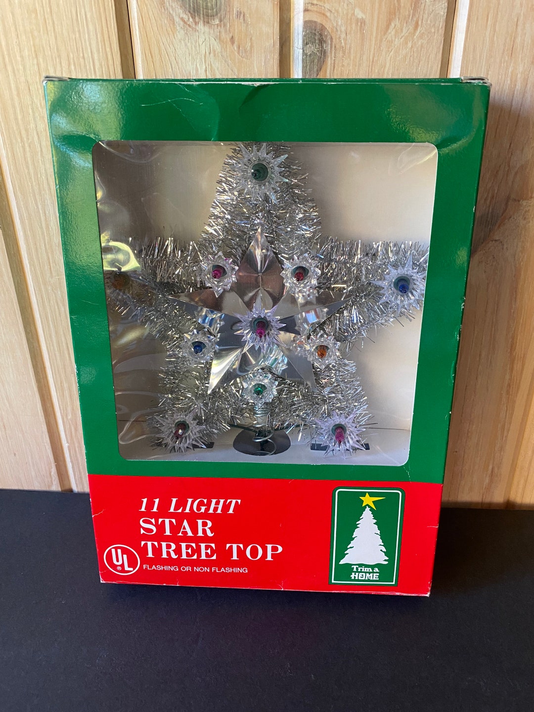 Vintage 11 Light Star Tree Top, Multi Color Silver Tinsel Star