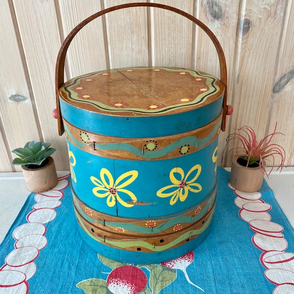 Folk Art Tole Painted Firkin Bucket, Wooden Shaker Swedish Pail with Lid, Wood Barrel Bucket,Primitive Farmhouse Kitchen, Firkin Pail,Rustic