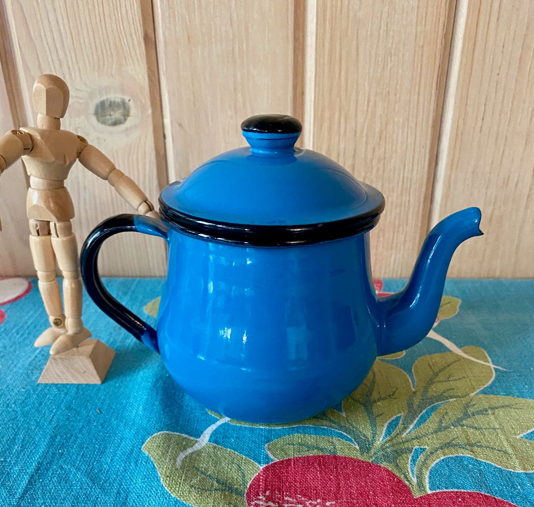 Blue Enamel Teapot Blue Black Enamelware Tea Kettle Small Etsy
