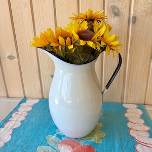 Vintage White Enamel Pitcher Ker Sweden, Water Jug, Pitcher, Flower Vase