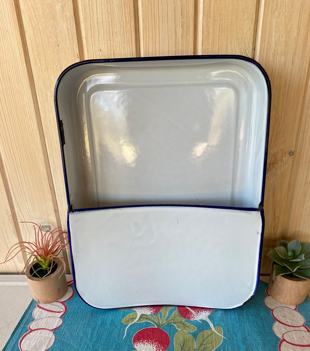 Vintage White and Blue Trimmed Porcelain Enamel Bedpan, Farmhouse