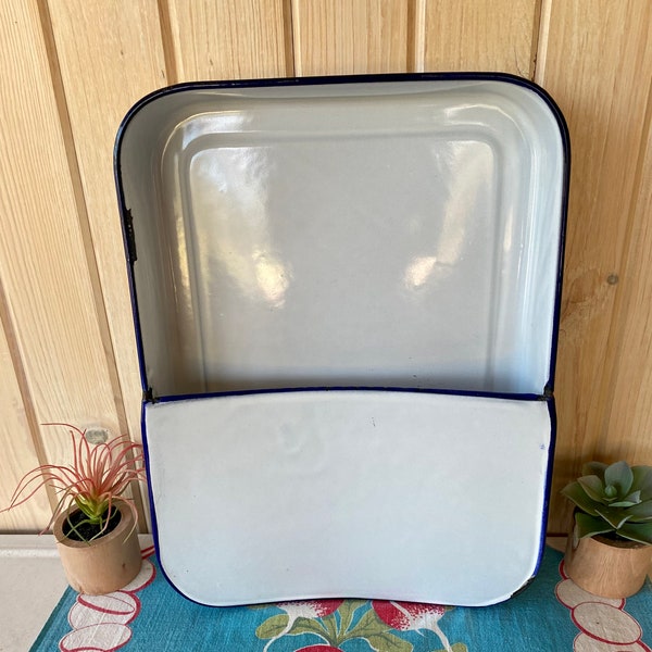 Vintage White and Blue Trimmed Porcelain Enamel Bedpan, Farmhouse-Cottage- French Country-Rustic Enamelware Decor16" x 12" x 2 3/4"1920s-60s