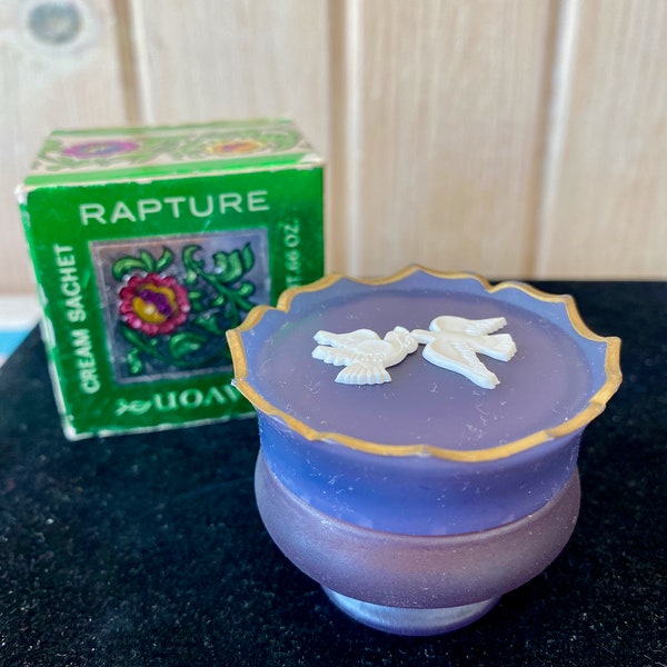 Vintage Rare Collectable Avon Rapture Cream Sachet Glass Jar 1964, Vanity Perfume Pot in Original Box, Deep Purple Jar w/White Doves, RARE