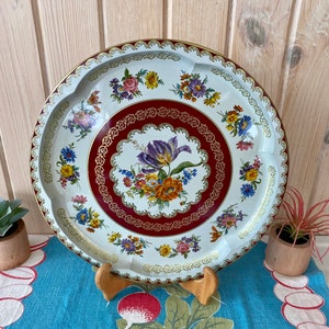 Vintage 1970s Daher Metal Tray: Burgundy Floral, Gold Scrollwork