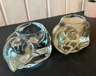 Vintage Avon Glass Cat Tea Light Holders - 1980s Napping Cats - Set of 2