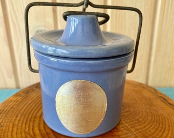 Vintage Blue Stoneware Butter/Cheese Crock with Locking Wire Bail Lid, Blue Ceramic Cheese Crock, Old Time Brand Cheddy Blue,