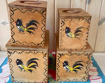 Vintage Woodpecker Woodware Rooster Canister Set: Hand-Painted Japan