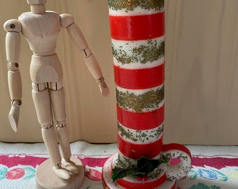 Vintage Red & Gold Glitter Christmas Pillar Candle: MCM Japan Decor (8 3/4&quot; Tall)
