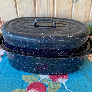 Petit plat à rôtir ovale vintage noir moucheté de 13 1/2 po. x 9 po., jardinière, faitout ovale