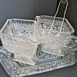 Vintage Indiana Tiara Sandwich Glass Creamer and Sugar Set with Tongs