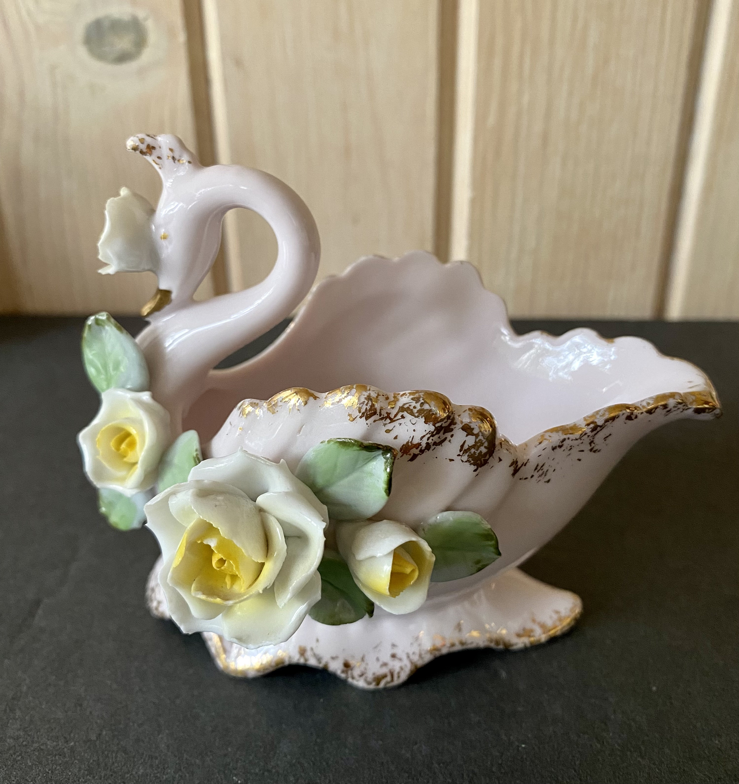 Lefton China Pink Swan Planter: 22K Gold Roses, Hand-painted