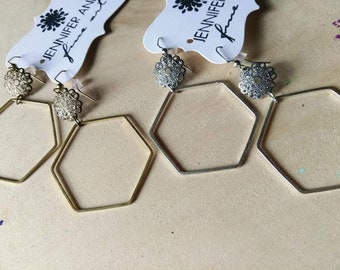Hexagon brass dangle earrings