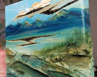 Pintura abstracta de paisaje con textura y técnica mixta, realizada con pan de oro.