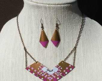 Hand Painted Brass Geometric Necklace and Earrings