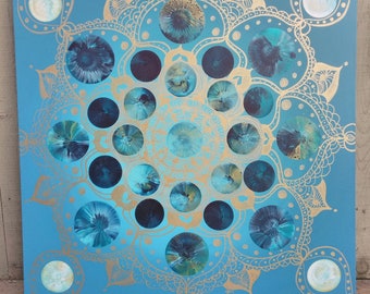 36x36 Large Mandala Painting in Turquoise Blues and Gold