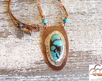 Handmade Turquoise on Sterling Silver and Copper necklace    CO-1510-A