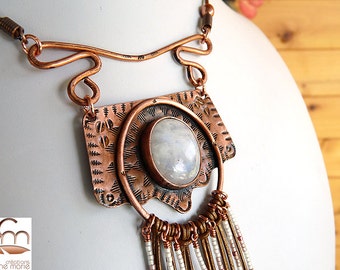 Handmade Statement Necklace with Rainbow moonstone and Freshwater Pearls on Copper    CO-1608-B
