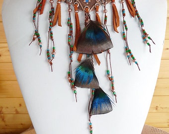 Neckline Necklace, Copper, glass with suede, Peacock and wild turkey feathers   CO-1402-A