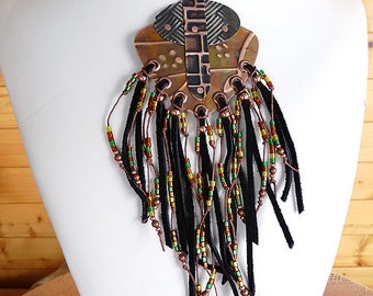 Neckline Necklace, native and art-deco style, copper, suede, nickel silver and glass beads  CO-1402-C