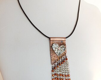 Nickel Silver and Copper Heart necklace with glass fringe   CO-1312-B