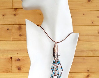 OOAK Tribal Copper, Freshwater pearl and polished glass Necklace   CO-1405-E