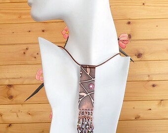 Lady's Necktie, Embossed and antiqued Copper, Rhodonite glass necklace   CO-1403-F