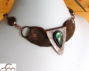 Chocker, handforged. Statement Unique necklace,, Copper, Labradorite, Leather.    CO-1609-B