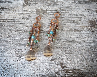 Amazing Native inspired Copper and feather Earrings  B-1309-B