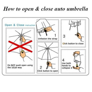 May include: Diagram illustrating how to open and close an auto umbrella. The instructions are in a white box with the text "How to open & close auto umbrella". The steps include unfastening the strap, clicking a button to open and close, and using both hands to collapse it.