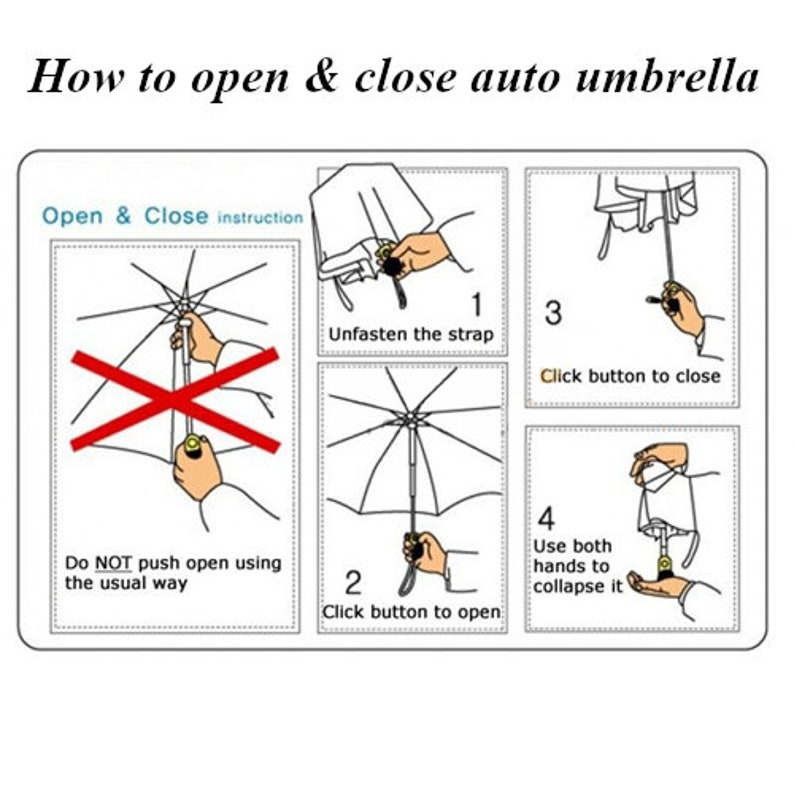 May include: Diagram illustrating how to open and close an auto umbrella. The instructions are in a white box with the text "How to open & close auto umbrella". The steps include unfastening the strap, clicking a button to open and close, and using both hands to collapse it.