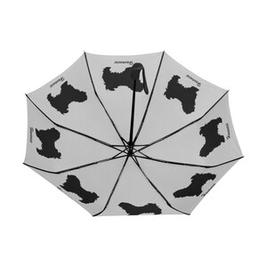 May include: A light gray umbrella featuring a repeating pattern of black Havanese dog silhouettes. The word "Havanese" is printed in black on the umbrella's surface. The umbrella has a black handle and frame.