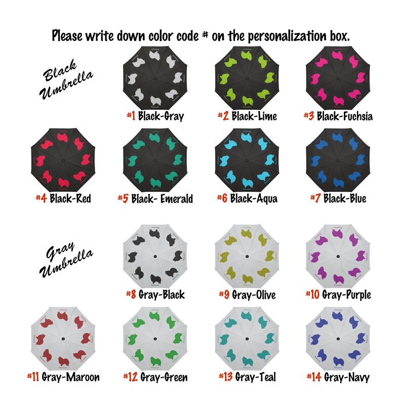 May include: A selection of umbrellas with dog silhouettes in various colors. The umbrellas are black or gray, with dog shapes in colors like gray, lime, fuchsia, red, emerald, aqua, blue, olive, purple, maroon, green, teal, and navy. Text on the image reads, "Please write down color code # on the personalization box."