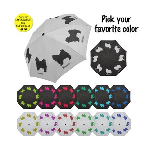 May include: A collection of umbrellas featuring a Havanese dog silhouette design. The umbrellas are available in various colors, including black, white, green, pink, red, teal, and blue. Text on the umbrella reads "Your Dog's Name on Umbrella" and "Havanese".