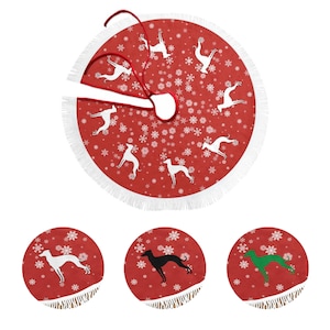 Greyhound Tree Skirt, Dog Christmas Decoration, Round White Fringed Red Mat, Size 30&quot; 36&quot; 48&quot; 60&quot; Inch
