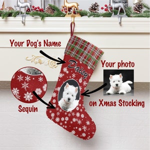 May include: Red and green plaid Christmas stocking with a white dog photo, the name "Daisy" embroidered on the stocking, and a close-up of the sequin fabric.