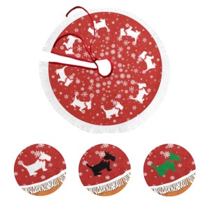 Scottish Terrier Tree Skirt, Scottie Dog Christmas Decoration, Round White Fringed Red Mat, Size 30&quot; 36&quot; 48&quot; 60&quot; Inch