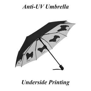 May include: Black and white anti-UV umbrella with underside printing. The umbrella features a black top and a white underside printed with black silhouettes of a dog breed and the word "Havanese".