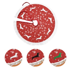 Dachshund Tree Skirt, Weiner Dog Christmas Decoration, Round White Fringed Mat, Size 30&quot; 36&quot; 48&quot; 60&quot; Inch