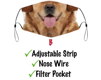 Golden Retriever Face Mask With Filter Pocket And Nose Wire, Washable & Reusable Face Mouth Cover For Adult Kids