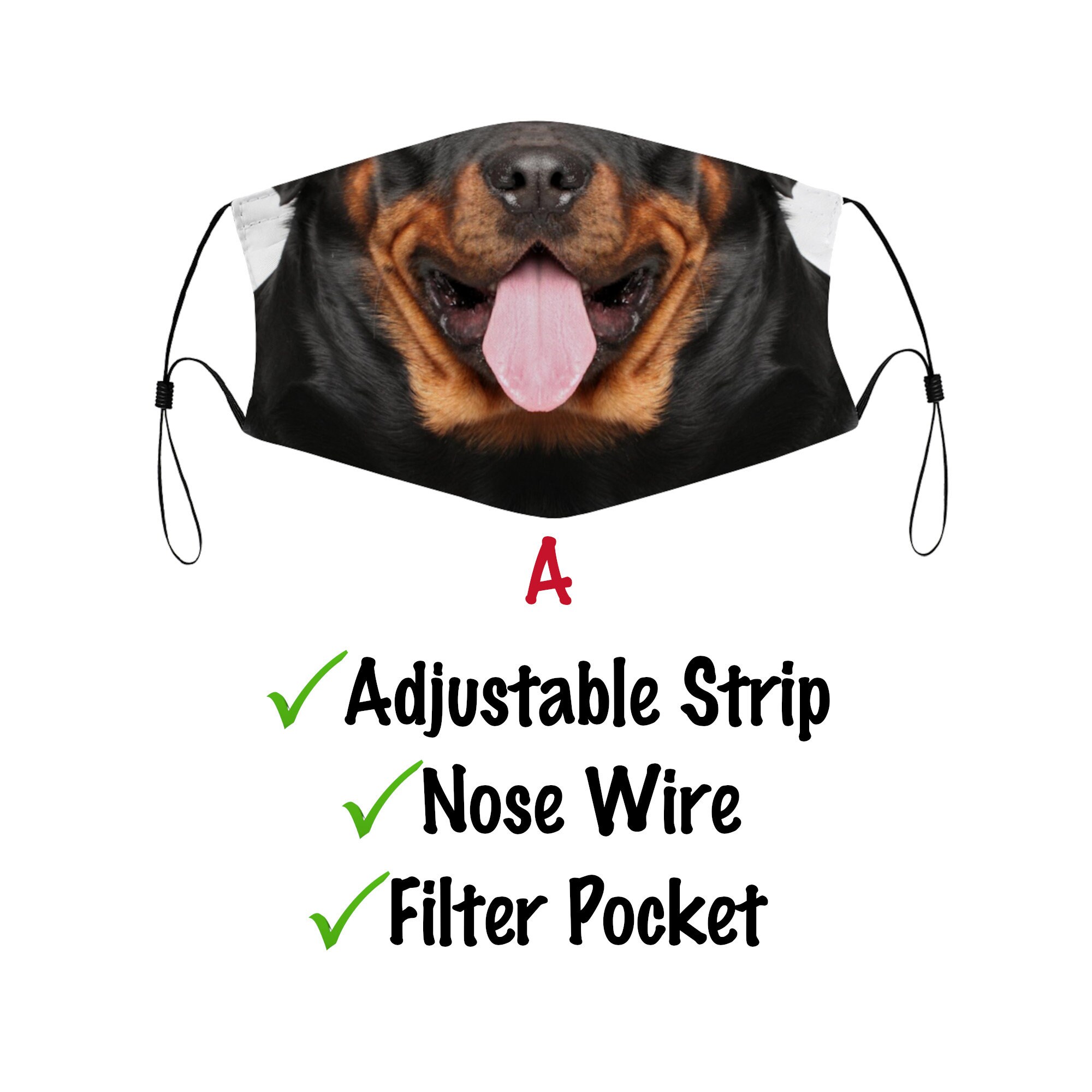 Rottweiler Face Mask, Filter Pocket, Nose Wire, Washable Adult Face ...